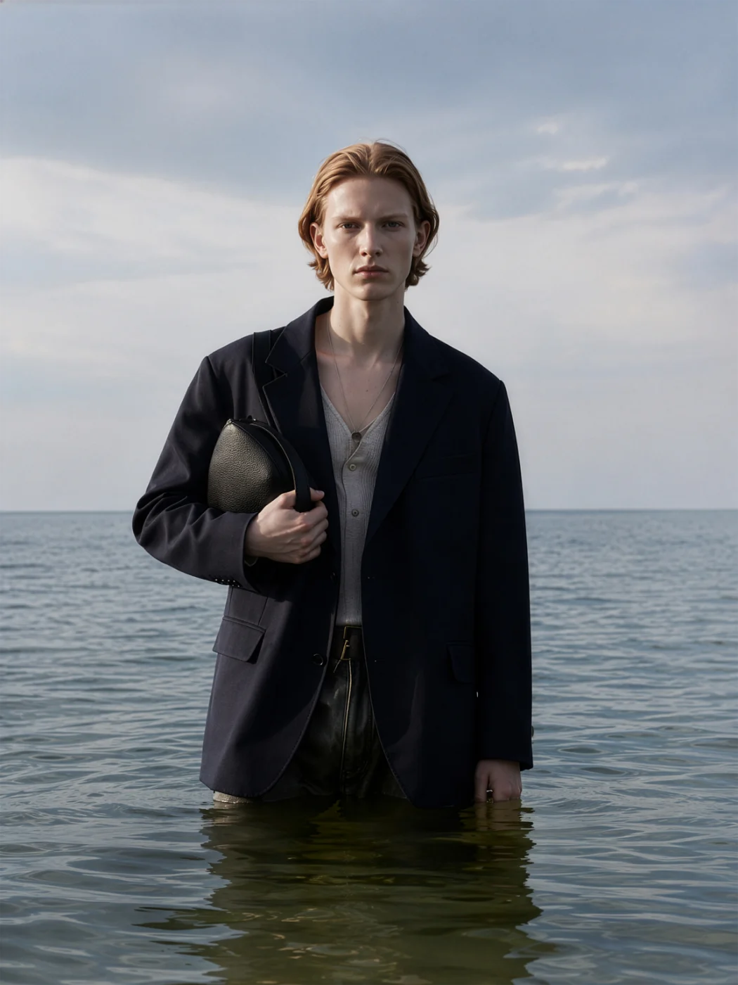 Model in a dark oversized blazer standing waist-deep in calm sea water, holding a black clutch under a pale sky.