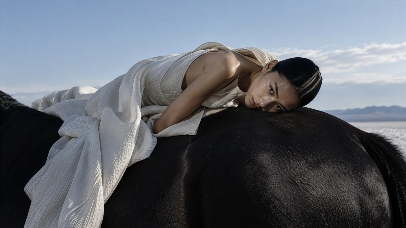 Fashion editorial of a model in a flowing white dress lying across the back of a black horse, clear sky and distant mountains behind.