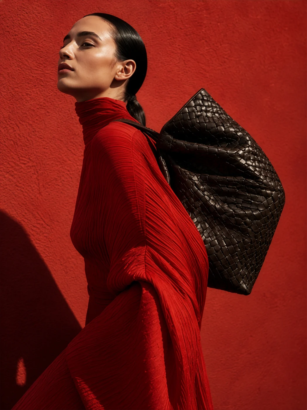 Model in a red high-neck knit dress carrying a large black woven leather bag against a textured red wall.