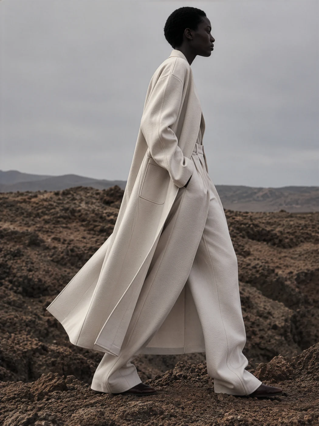 Model in a long flowing cream coat and wide trousers walking across a rocky landscape under an overcast sky.