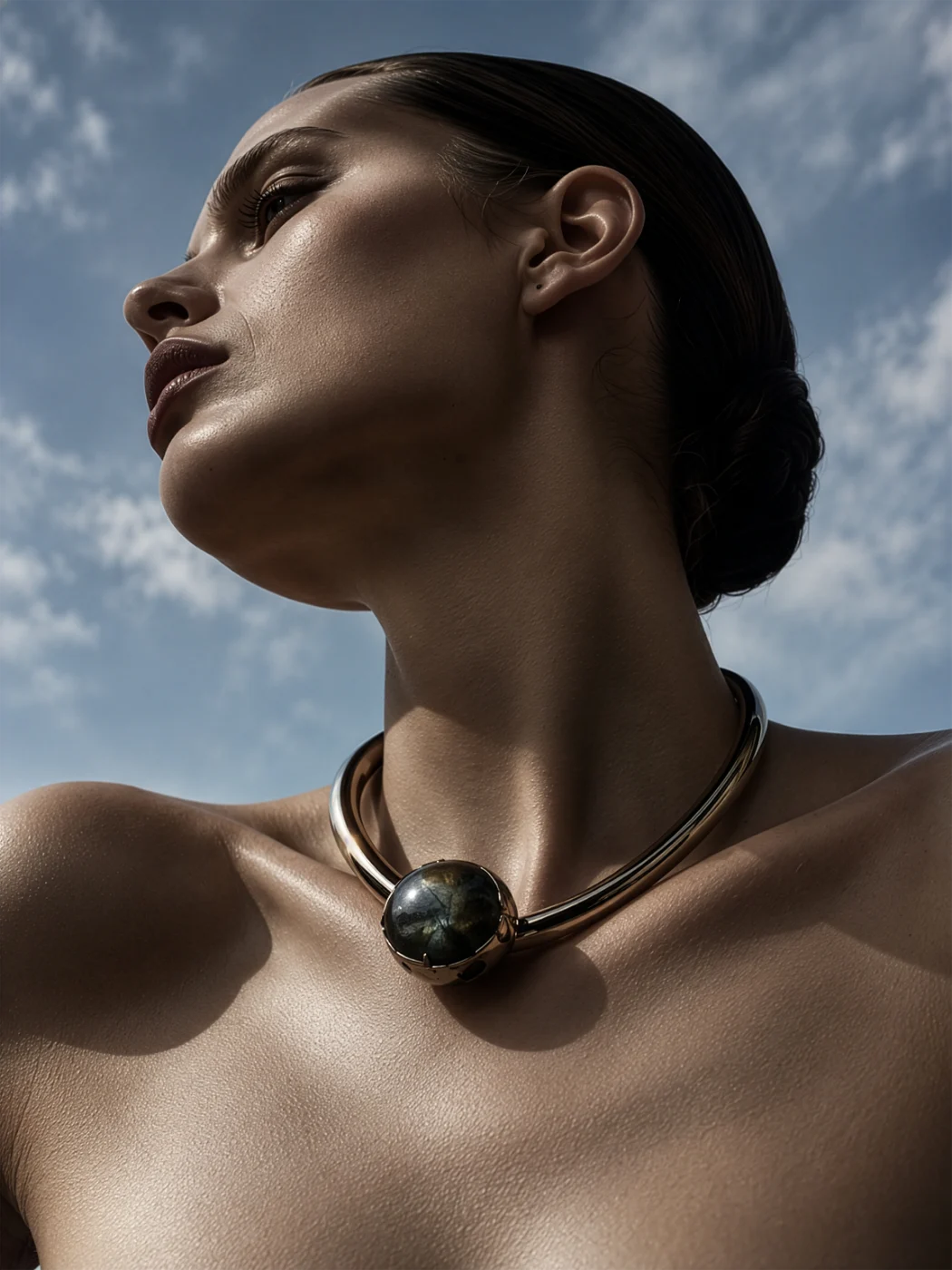 Close-up of a woman's neck and jaw wearing a sculptural metal choker with a dark stone, blue sky and clouds behind.