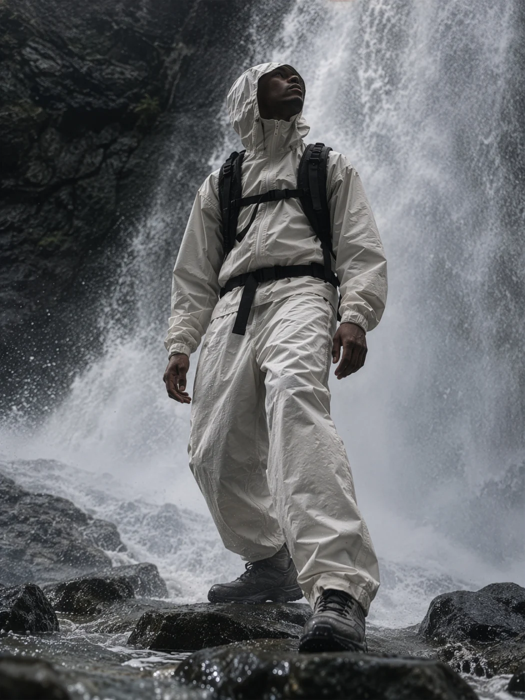Model in a white hooded waterproof suit with a black harness standing on wet rocks in front of a waterfall.