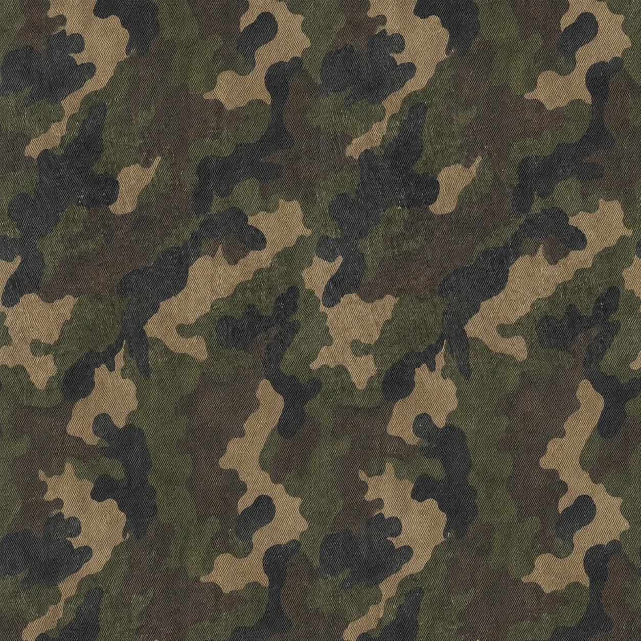 Cotton canvas printed with a woodland camouflage in olive, brown, beige and black.