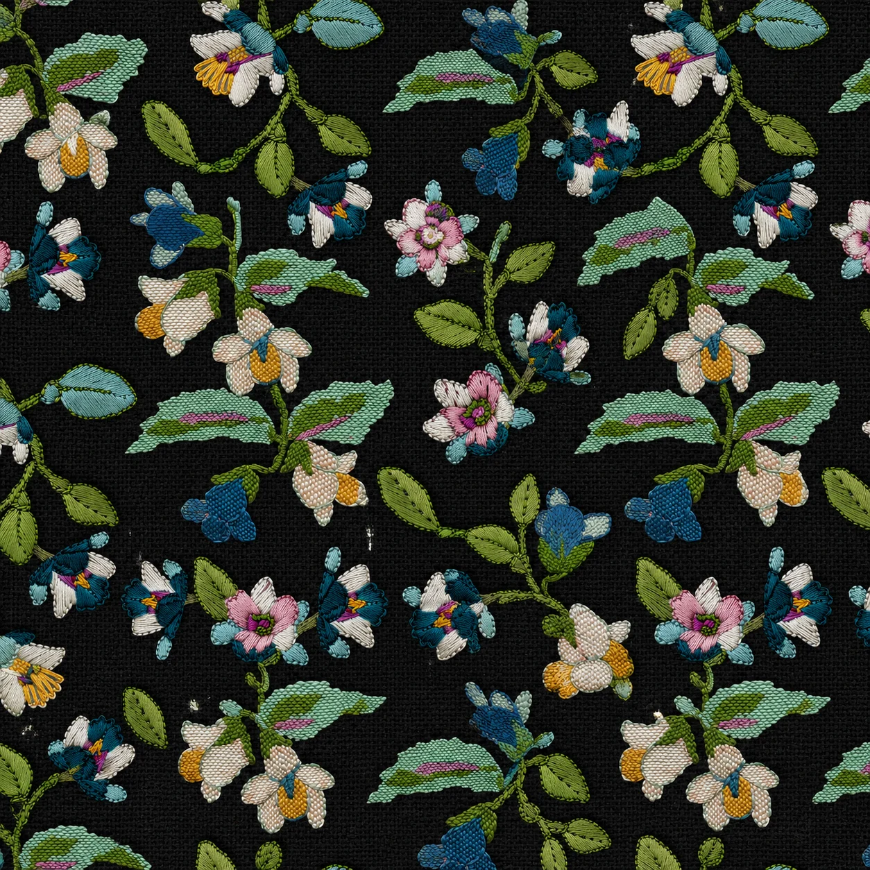 Black tapestry fabric swatch covered in embroidered flowers in pink, cream and blue on green leafy stems.