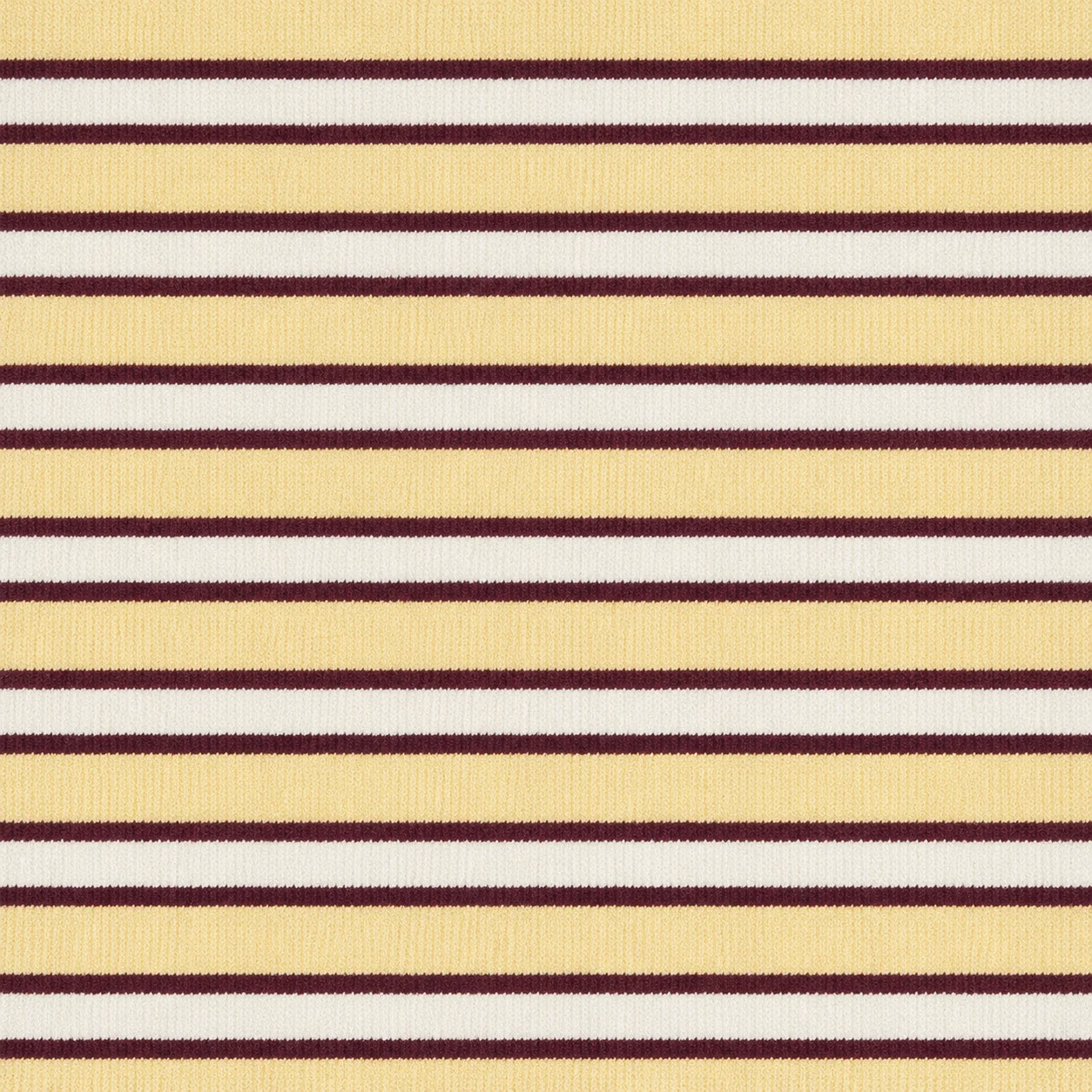 Knit fabric with horizontal stripes in butter yellow and cream, split by thin burgundy lines.