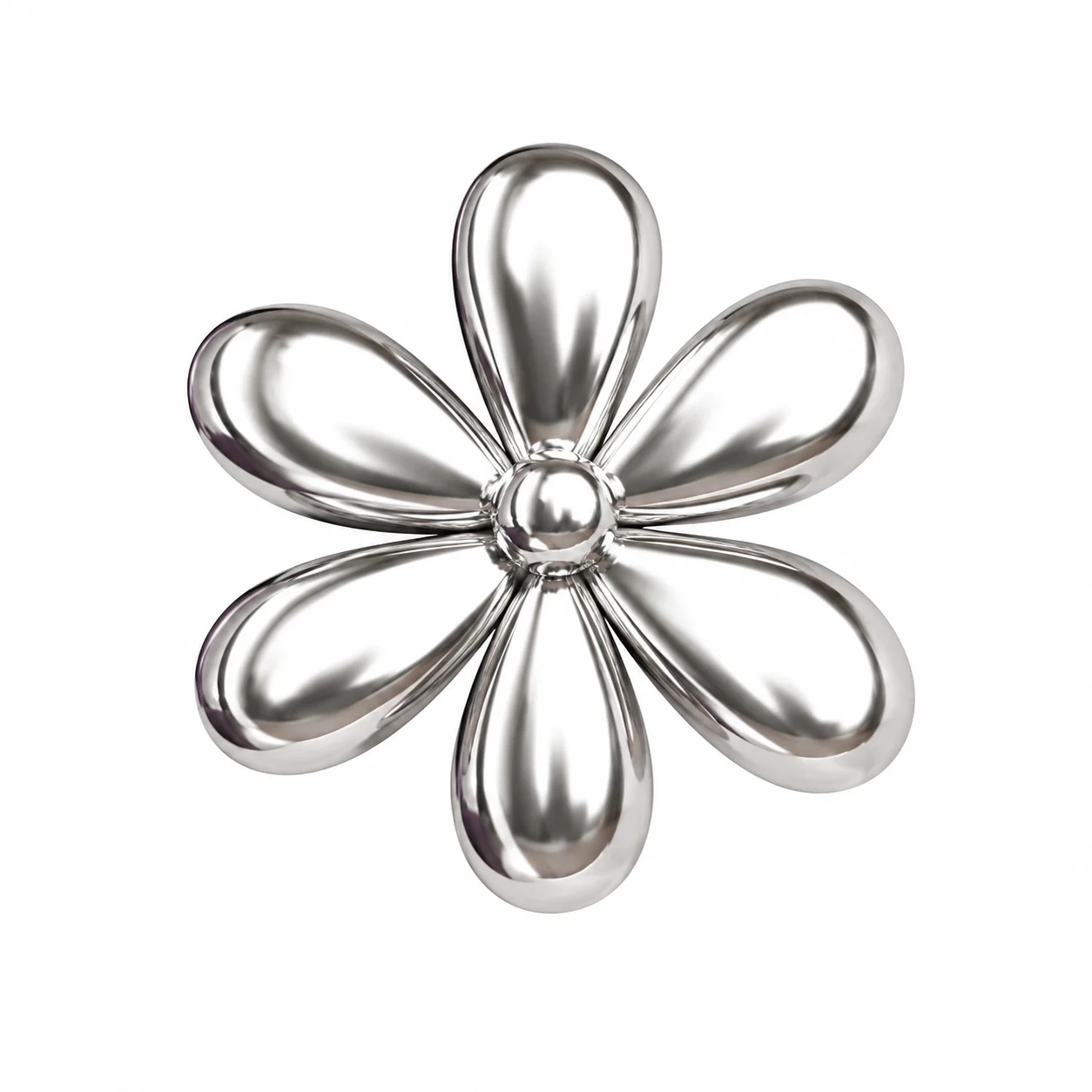 3D render of a polished silver flower with six rounded petals, isolated on white.