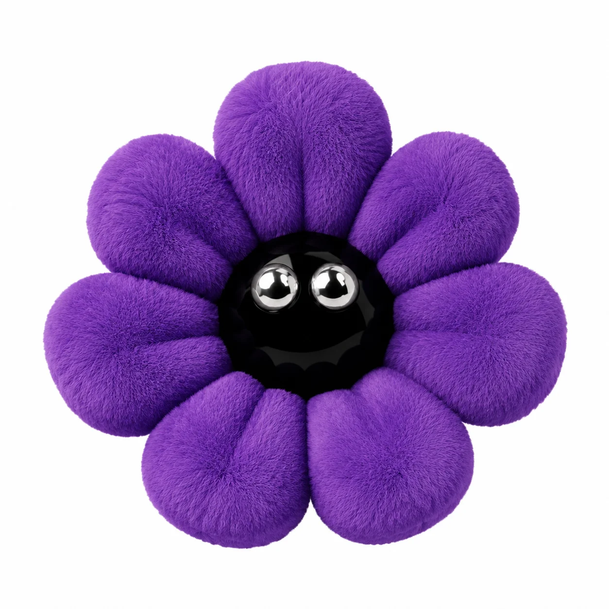 3D purple fuzzy flower with eight round petals and a black centre with two shiny eyes.