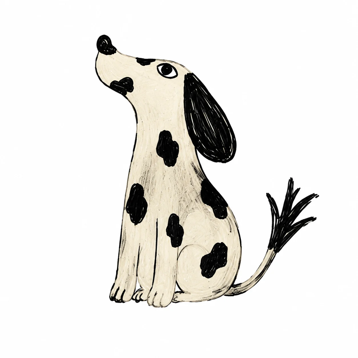Loose ink drawing of a sitting cream dog with black spots and a floppy black ear.