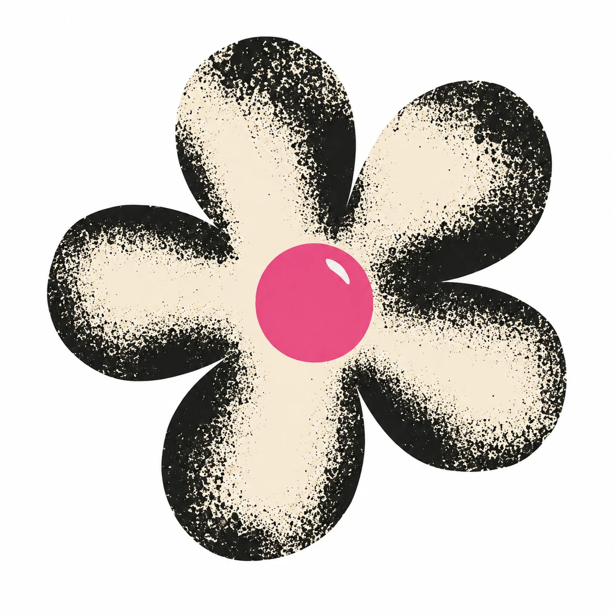 Cream five-petal flower with a grainy sprayed black outline and a glossy pink centre.