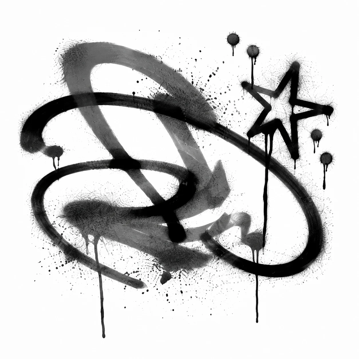 Black spray-paint tag with loops, drips, splatter and a small star in the corner.
