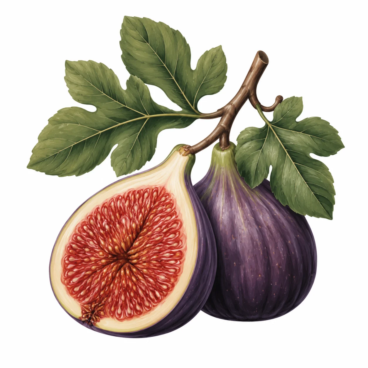 Painted botanical illustration of two purple figs, one cut open, with green leaves on a small branch.