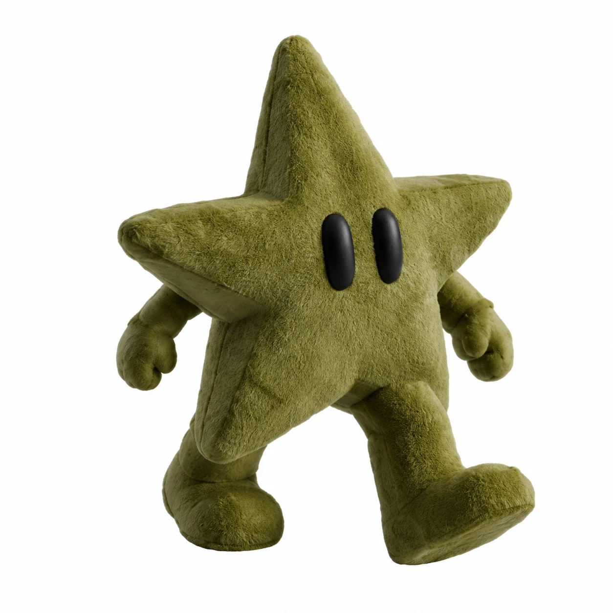 Photographic cut-out of an olive green plush star with black oval eyes, walking on stubby legs.