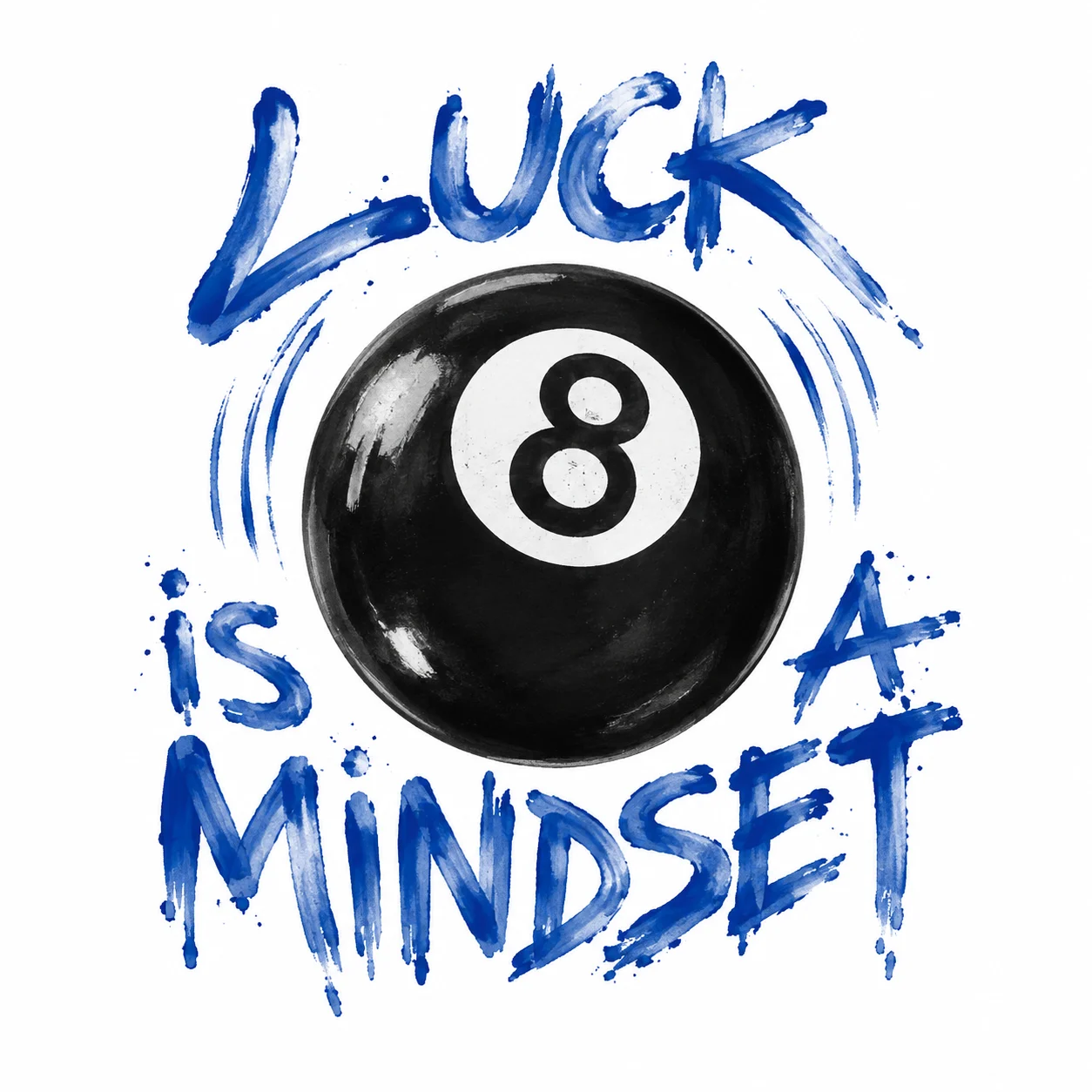 Black eight ball surrounded by blue hand-painted brush lettering on white.