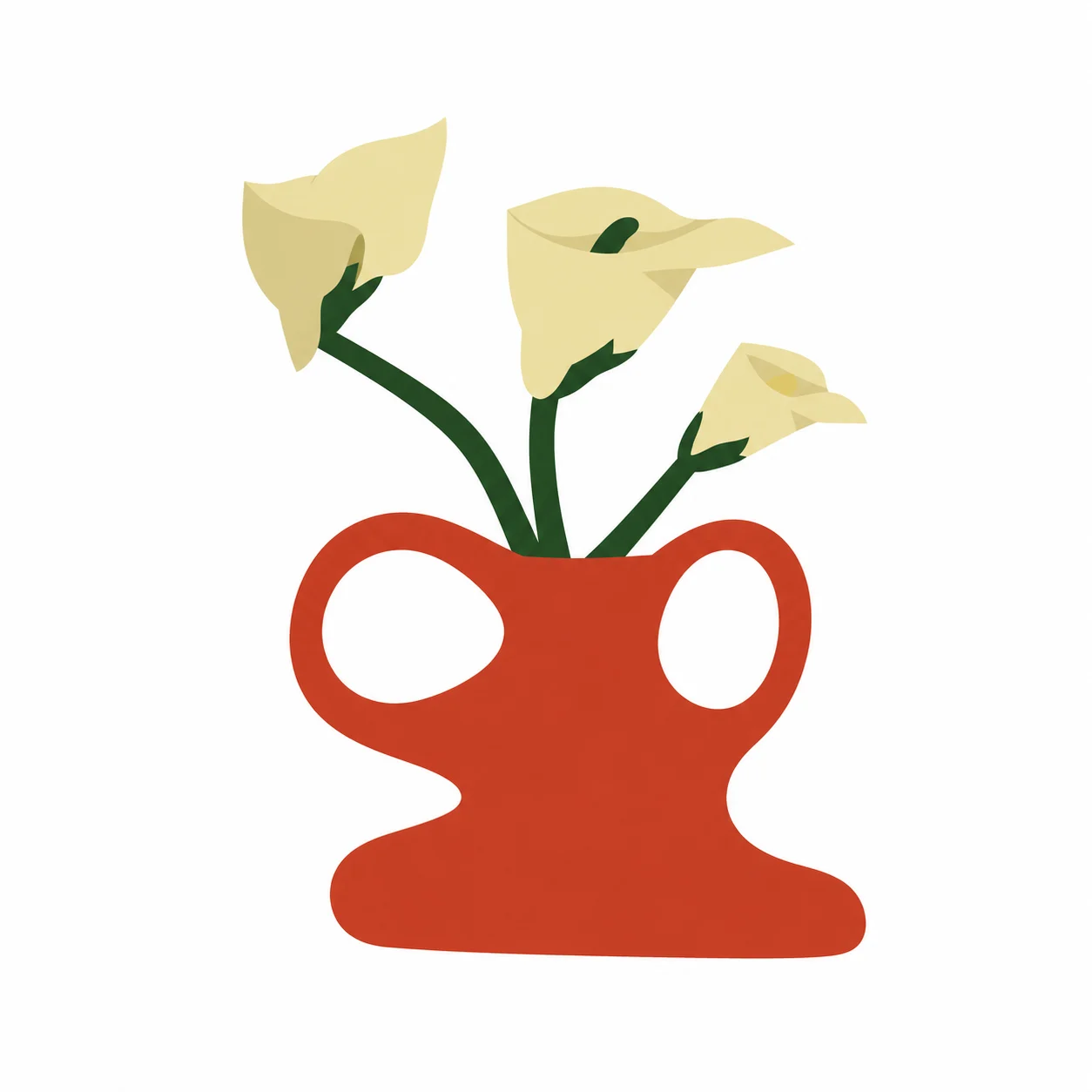 Flat vector red vase with two looped handles holding three pale yellow calla lilies.