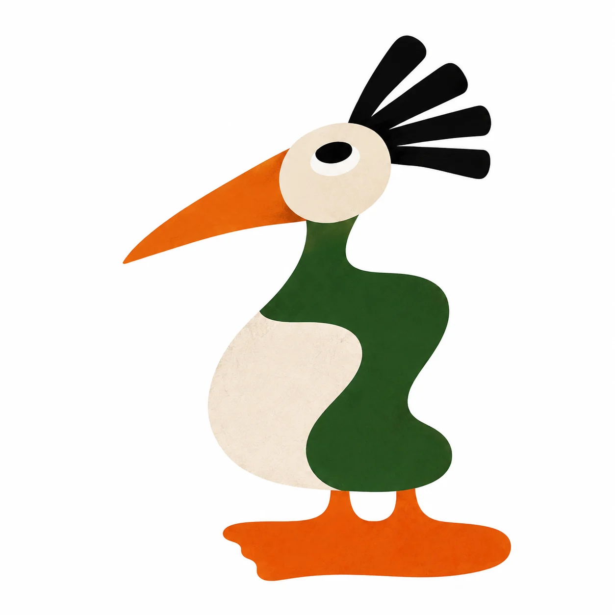 Flat vector bird with a green and cream body, orange beak and feet, and a black feathered crest.