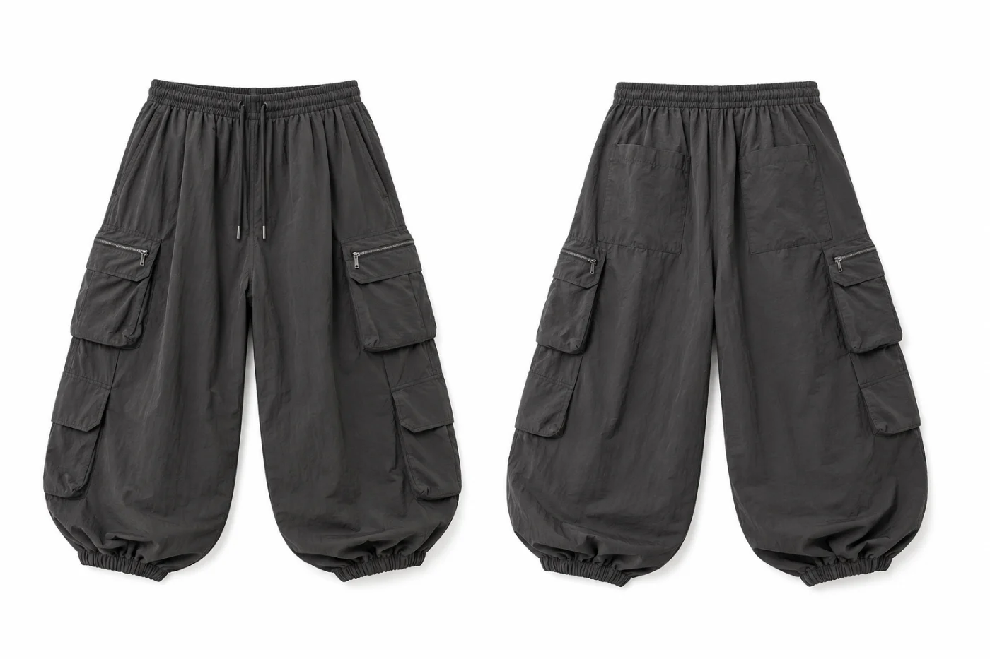 Front and back mockup of black balloon cargo pants with side pockets and elastic cuffs.