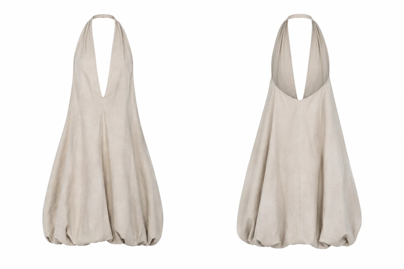 Front and back mockup of a beige halter dress with a deep neckline and a gathered bubble hem.
