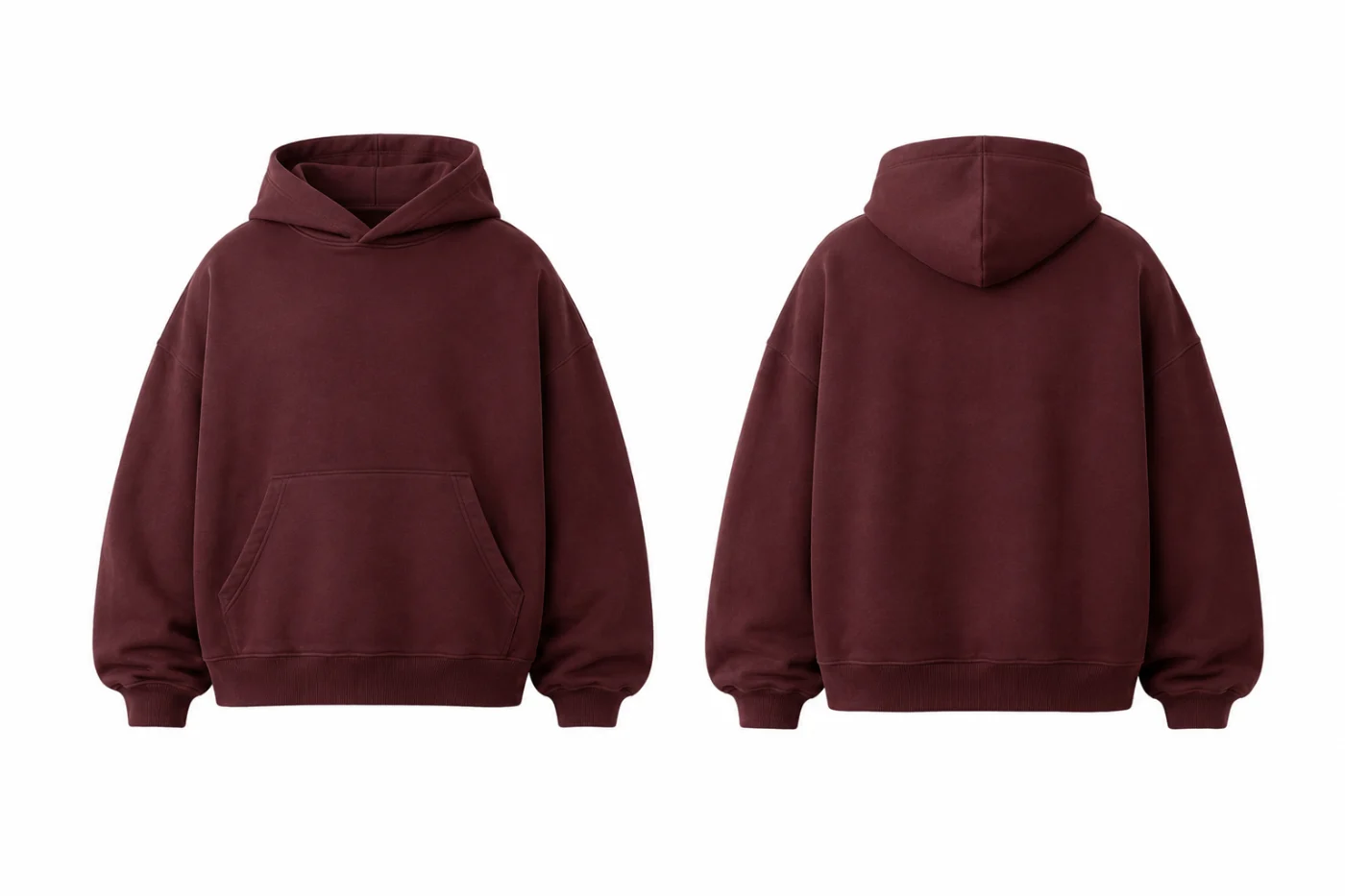 Front and back mockup of a burgundy pullover hoodie with a kangaroo pocket and a drawstring hood.