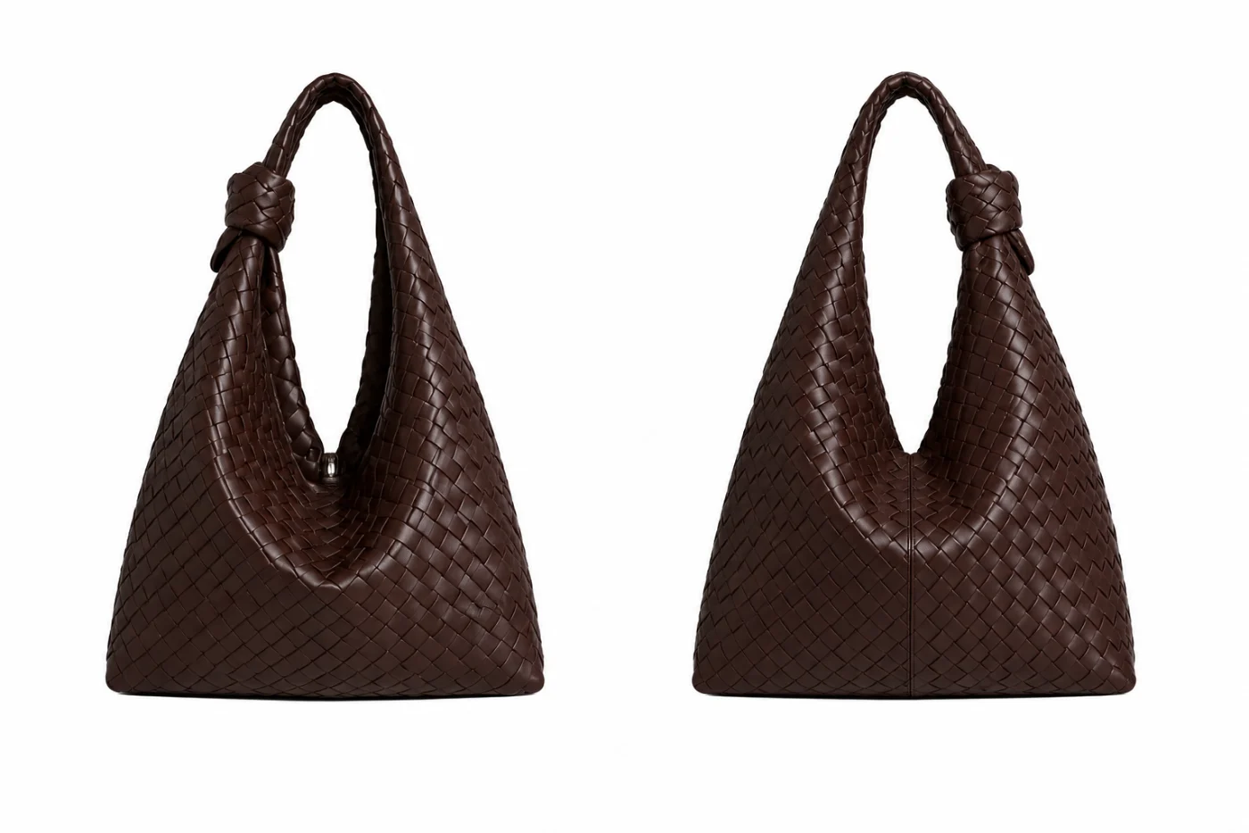 Front and back mockup of a dark brown woven leather shoulder bag with knotted straps.
