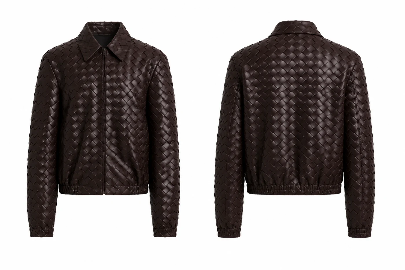 Front and back mockup of a dark brown woven leather jacket with a pointed collar and a zip front.