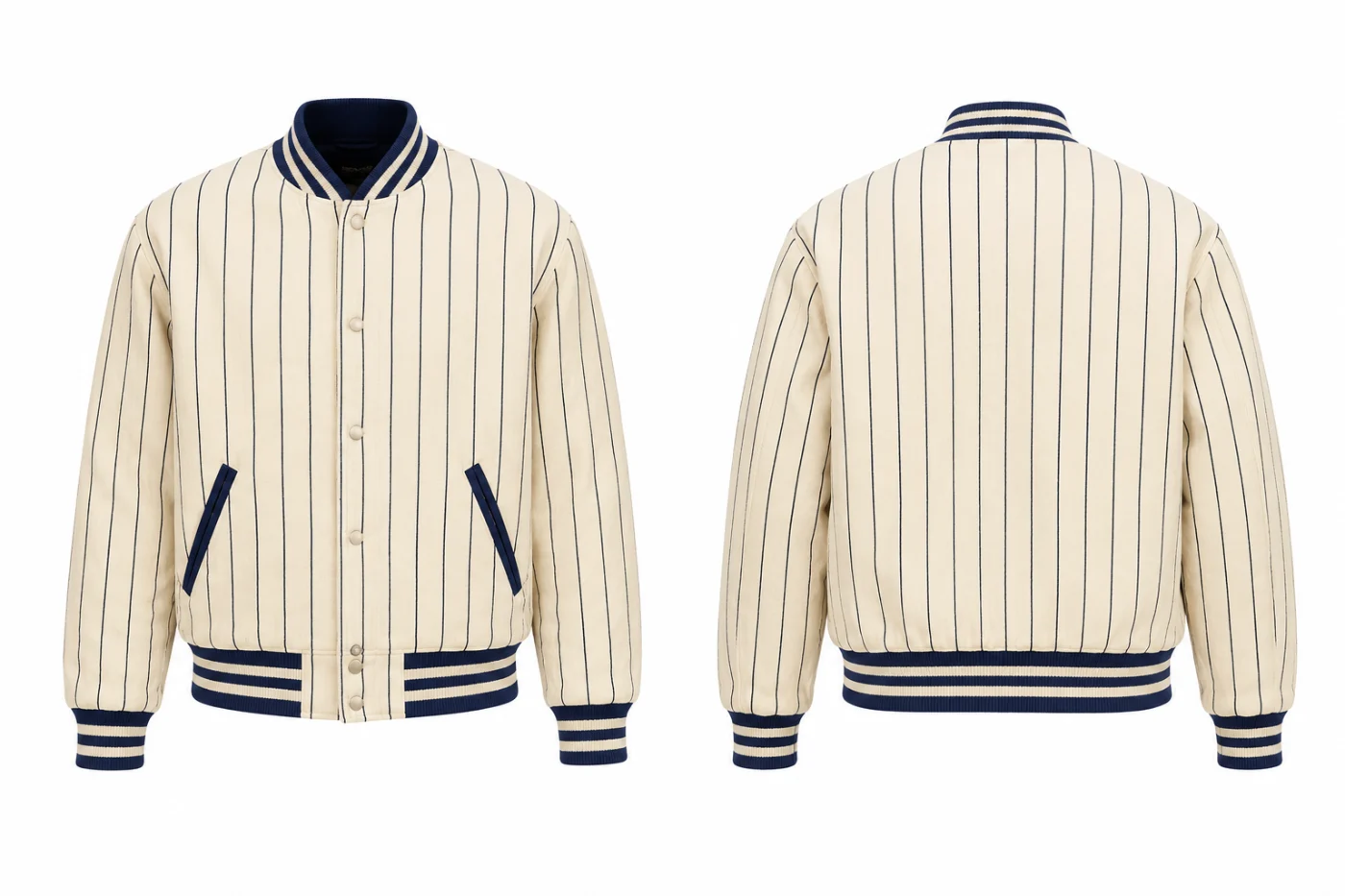AI clothing mockup of a cream pinstriped varsity jacket with navy ribbed collar, cuffs and hem, front and back on a ghost mannequin.