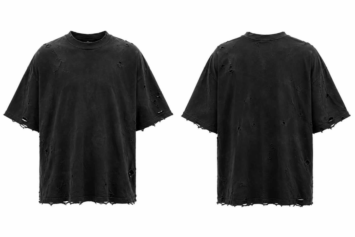 Front and back mockup of a washed black T-shirt with frayed edges and small holes.