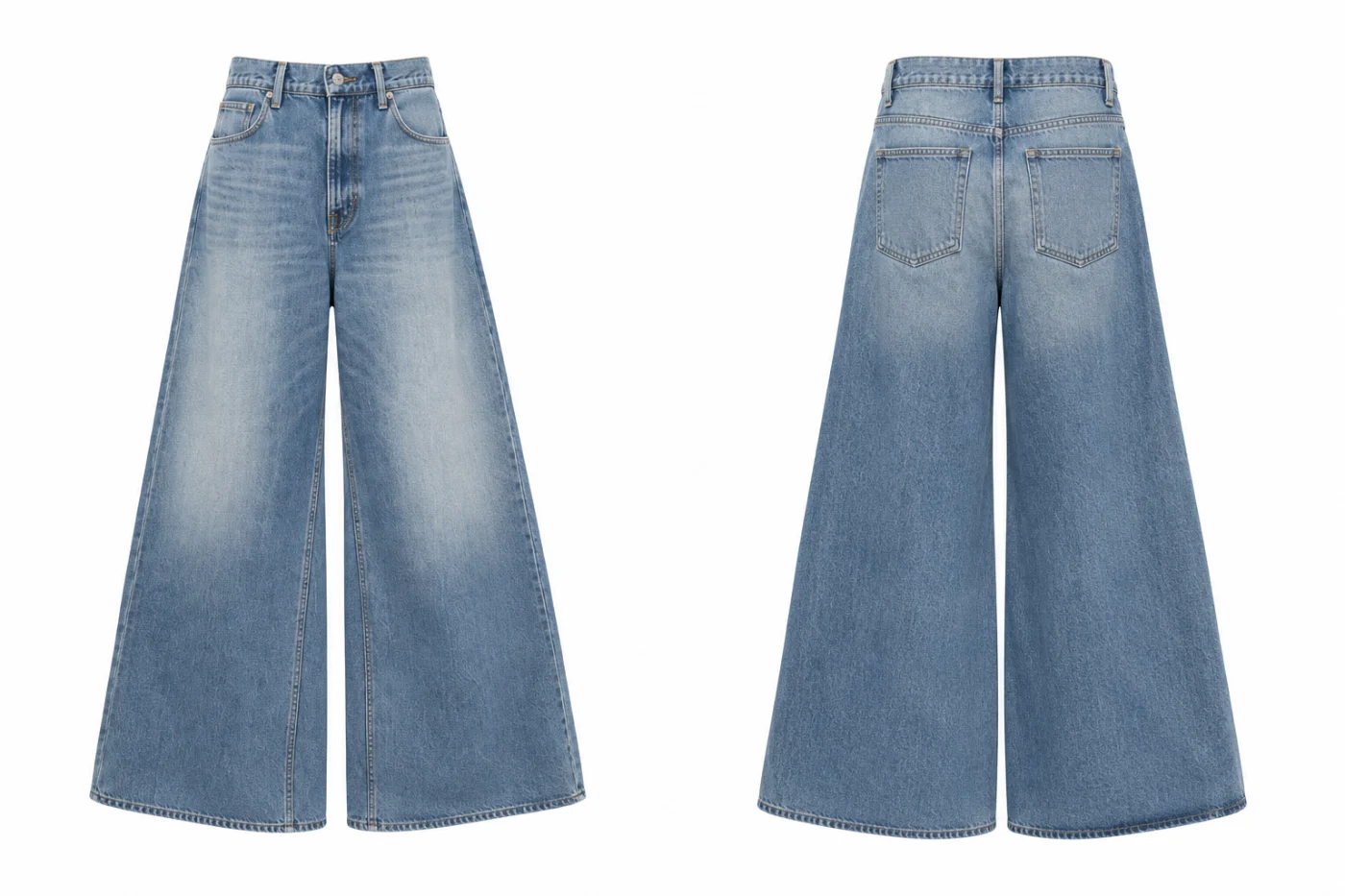 Front and back mockup of light blue high-waisted wide-leg jeans with a faded wash.