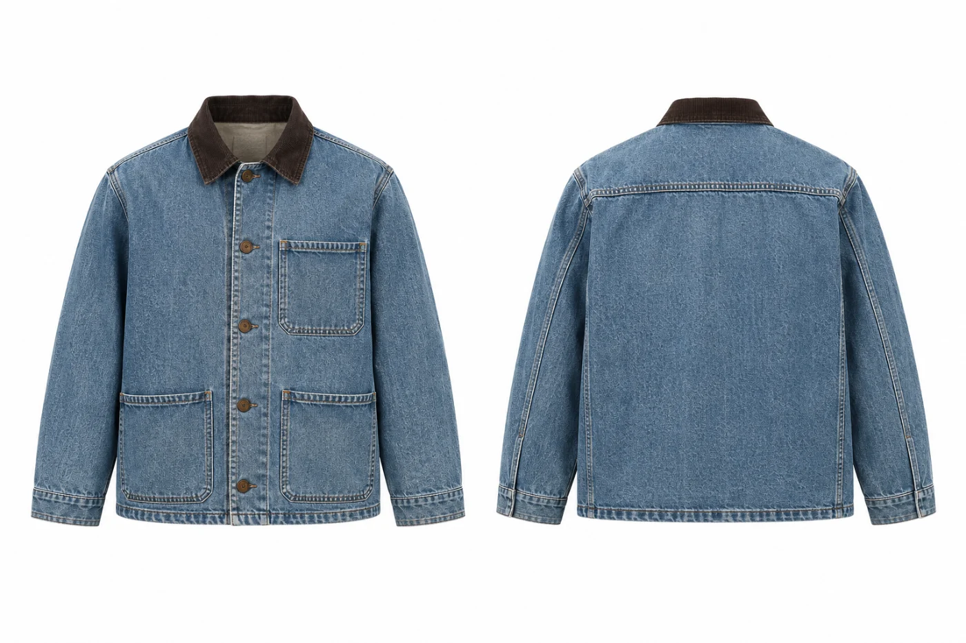 Front and back mockup of a washed mid-blue denim work jacket with a brown suede collar and patch pockets.