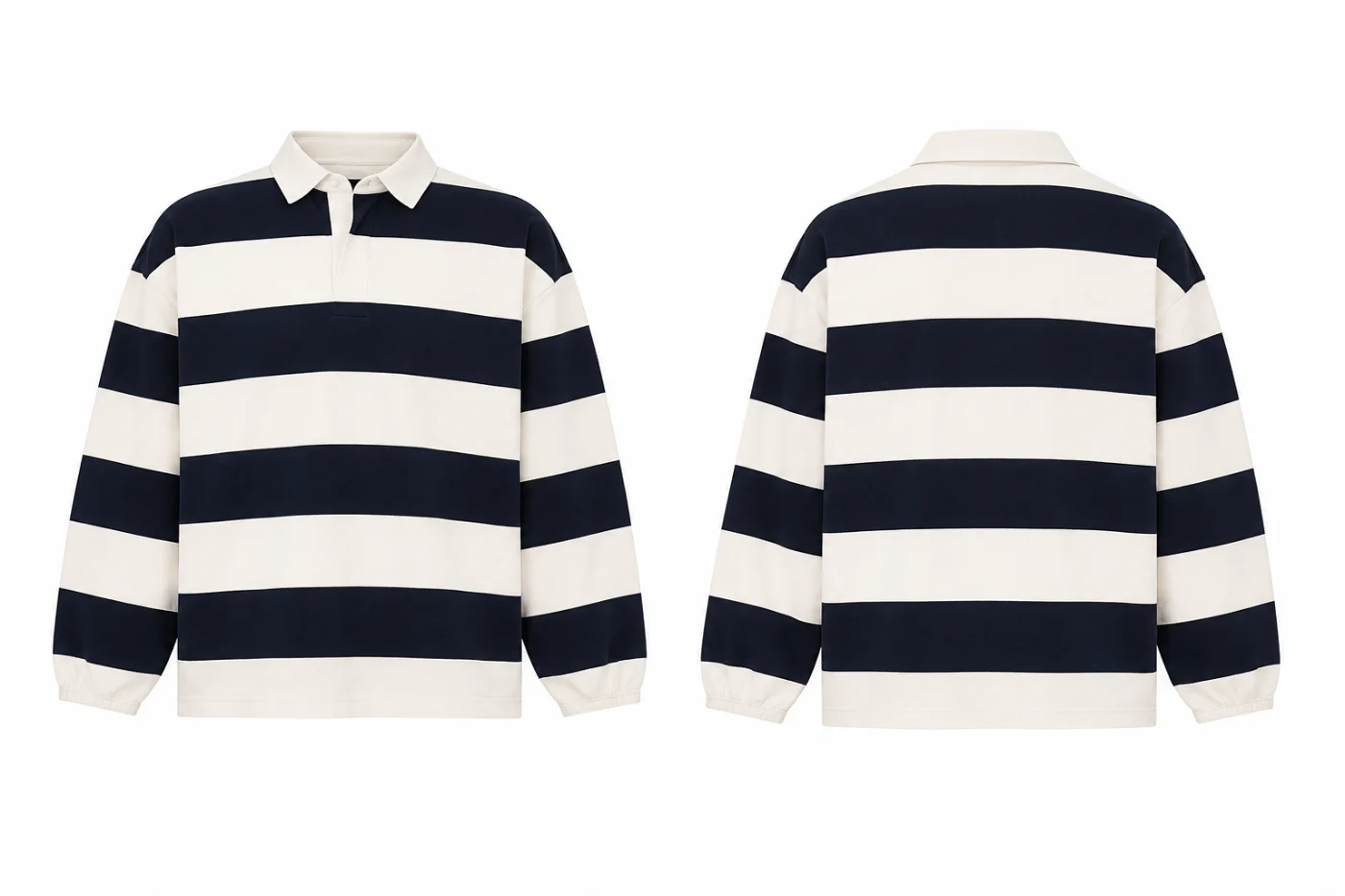Front and back mockup of a navy and cream striped rugby shirt with a white collar.