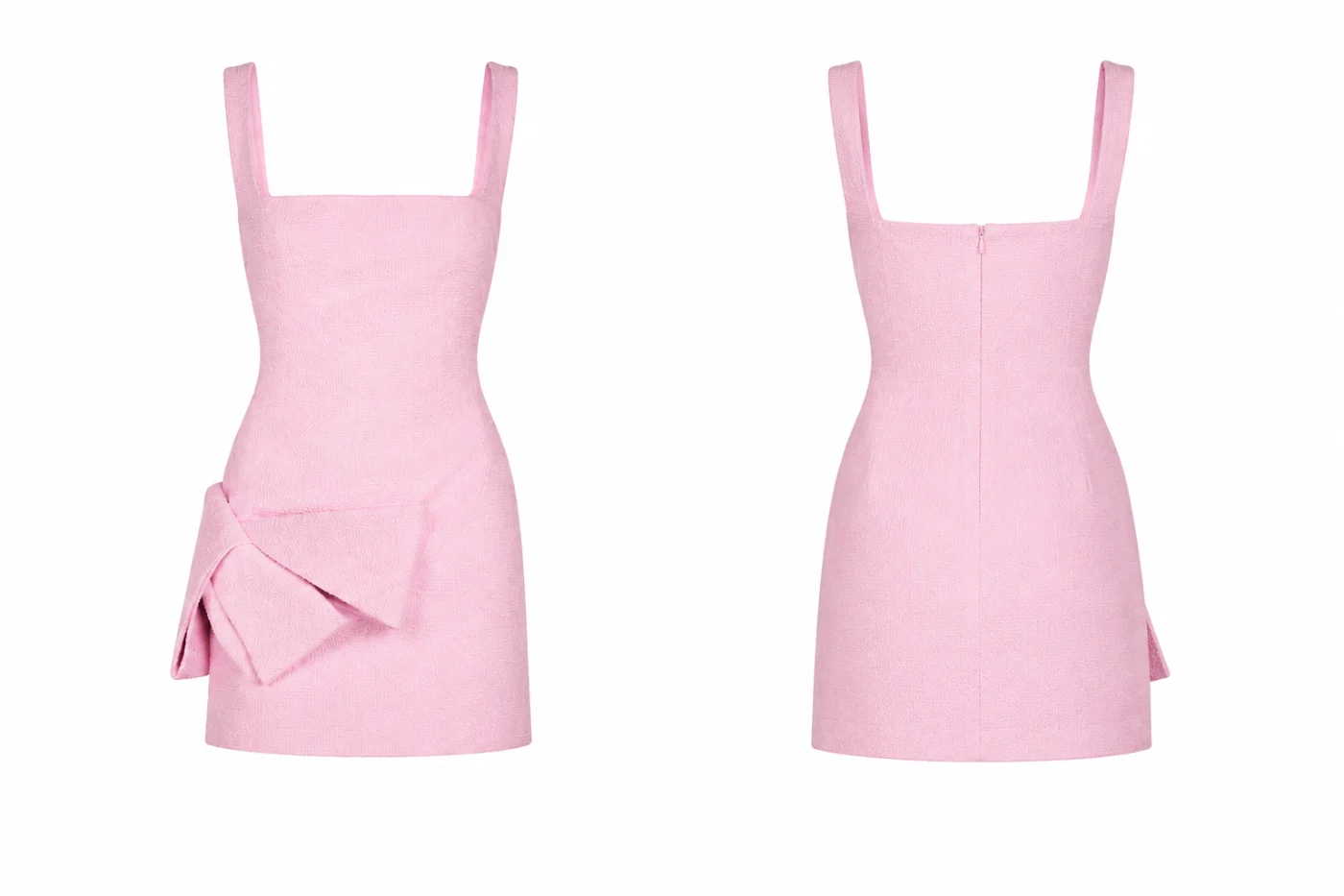 Front and back mockup of a pink fitted mini dress with a square neck, wide straps and a bow at the hip.