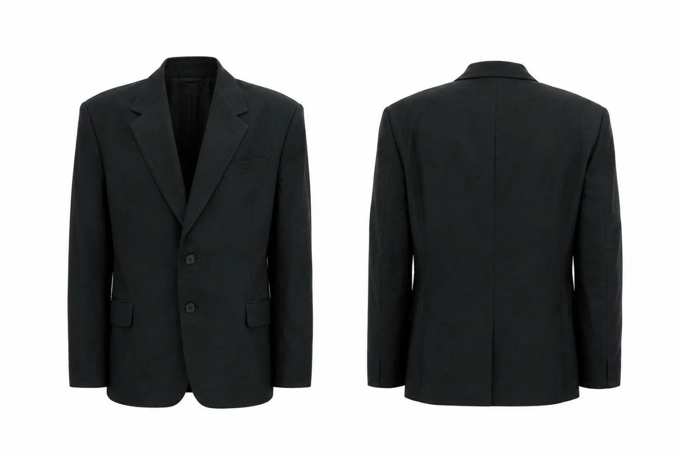 Front and back mockup of a black two-button oversized blazer on a ghost mannequin.