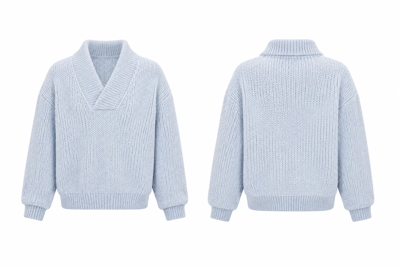 Front and back mockup of a pale blue chunky knit sweater with a shawl collar.