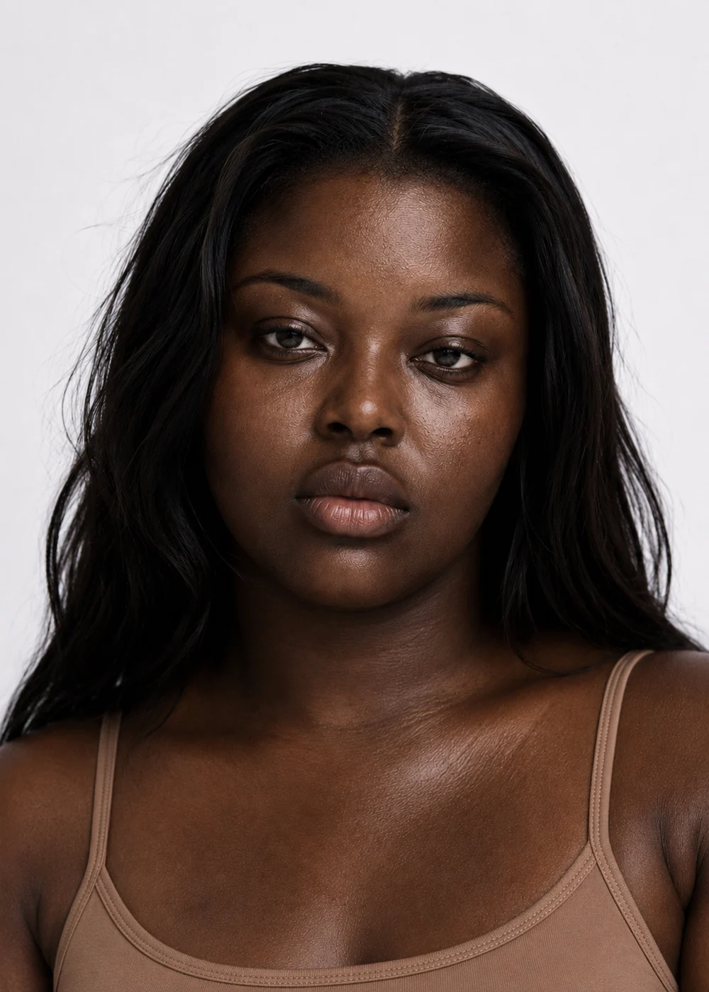 Head-and-shoulders portrait of a plus-size young woman with long straight black hair and deep brown skin, neutral expression, on white.