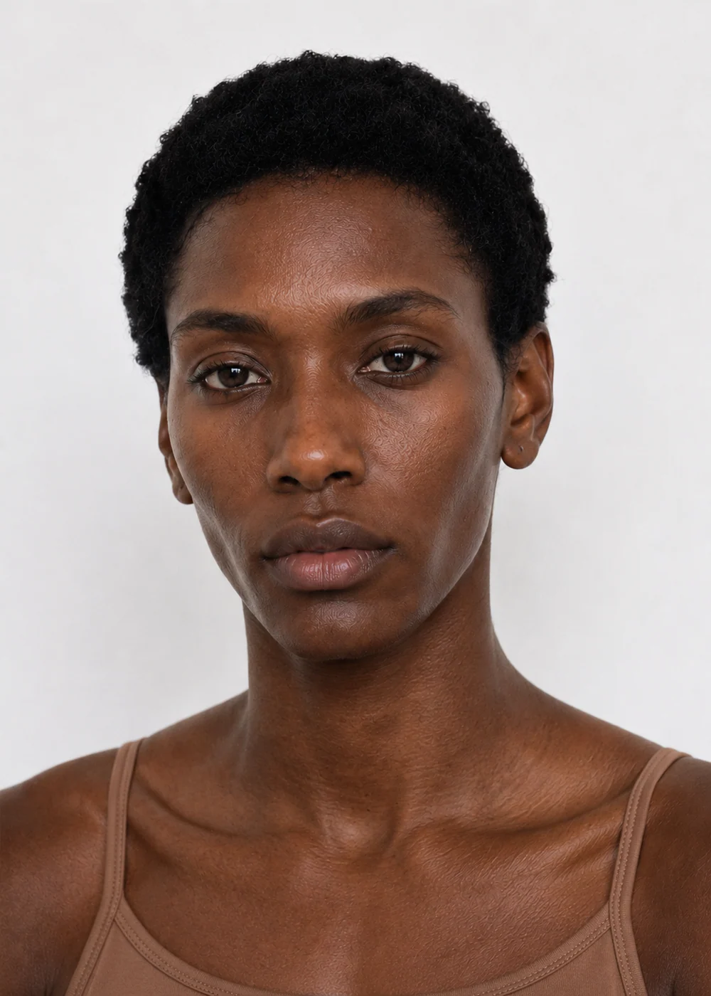 Portrait of a woman in her forties with short natural hair and dark skin, wearing a brown camisole and facing the camera.