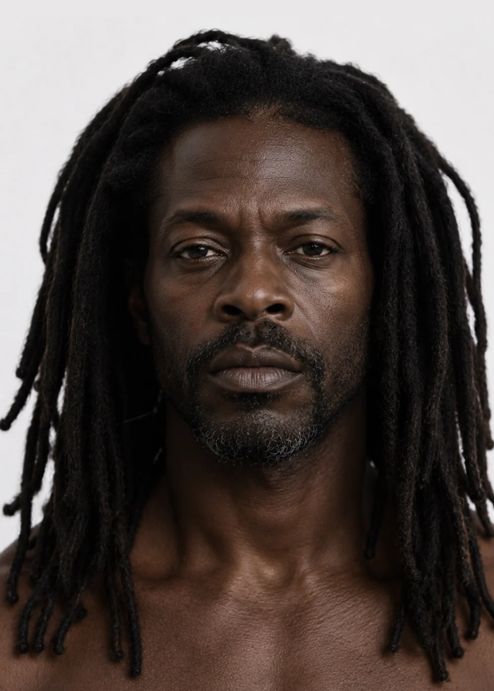 Portrait of a man in his late forties with long black locs and a trimmed beard, looking straight into the camera.