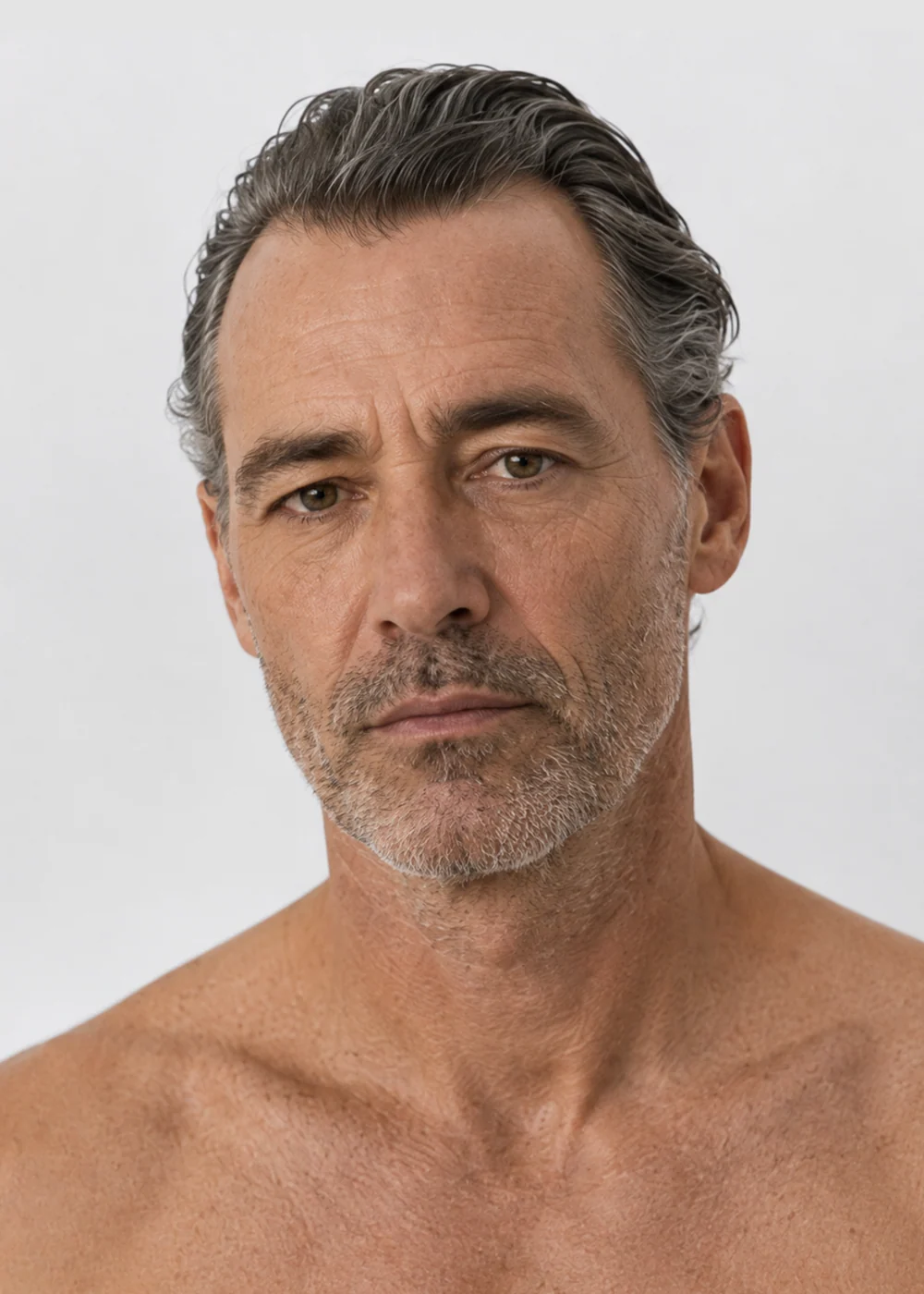 Portrait of a man in his fifties with swept-back grey hair, stubble and green eyes, bare shoulders, on a light background.