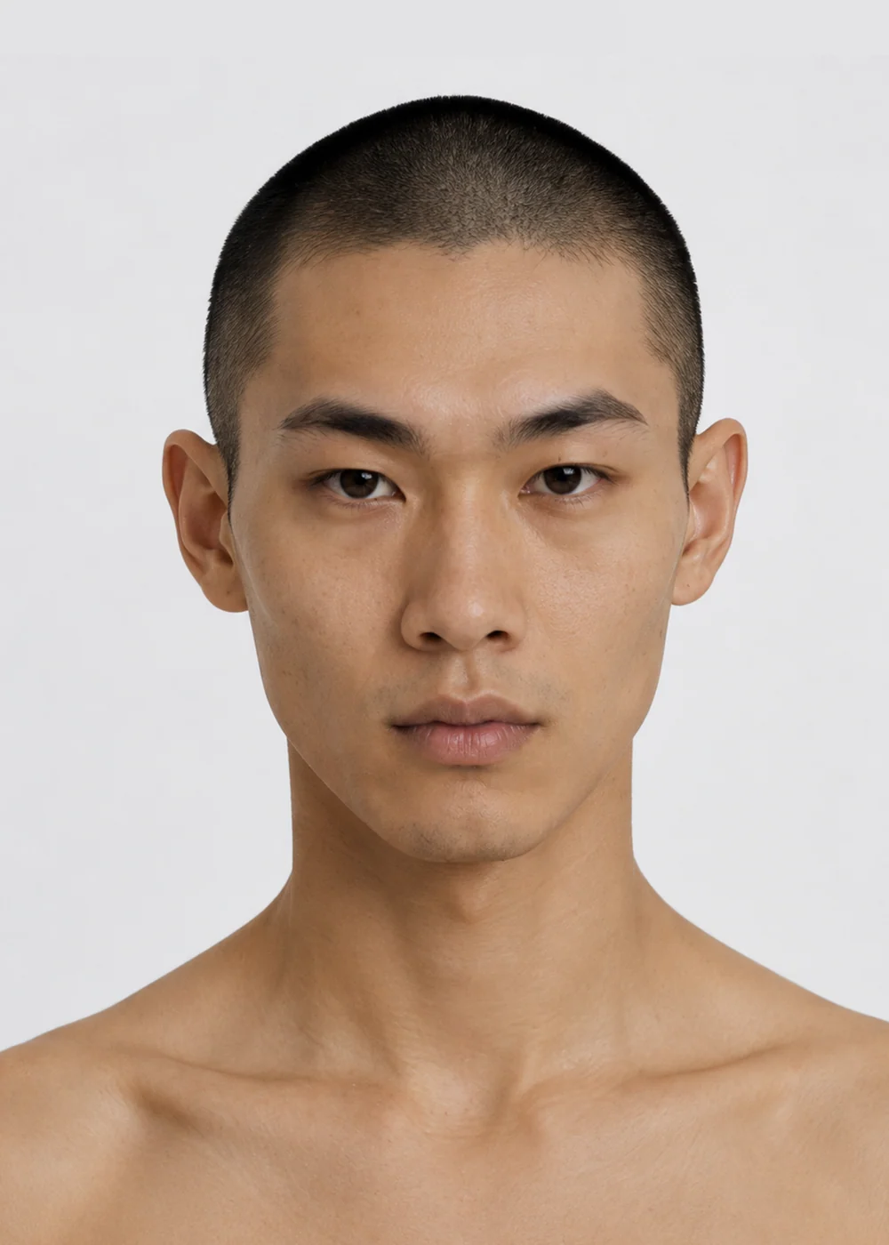 Front-facing portrait of a young man with a closely shaved head and a calm expression, light grey background.