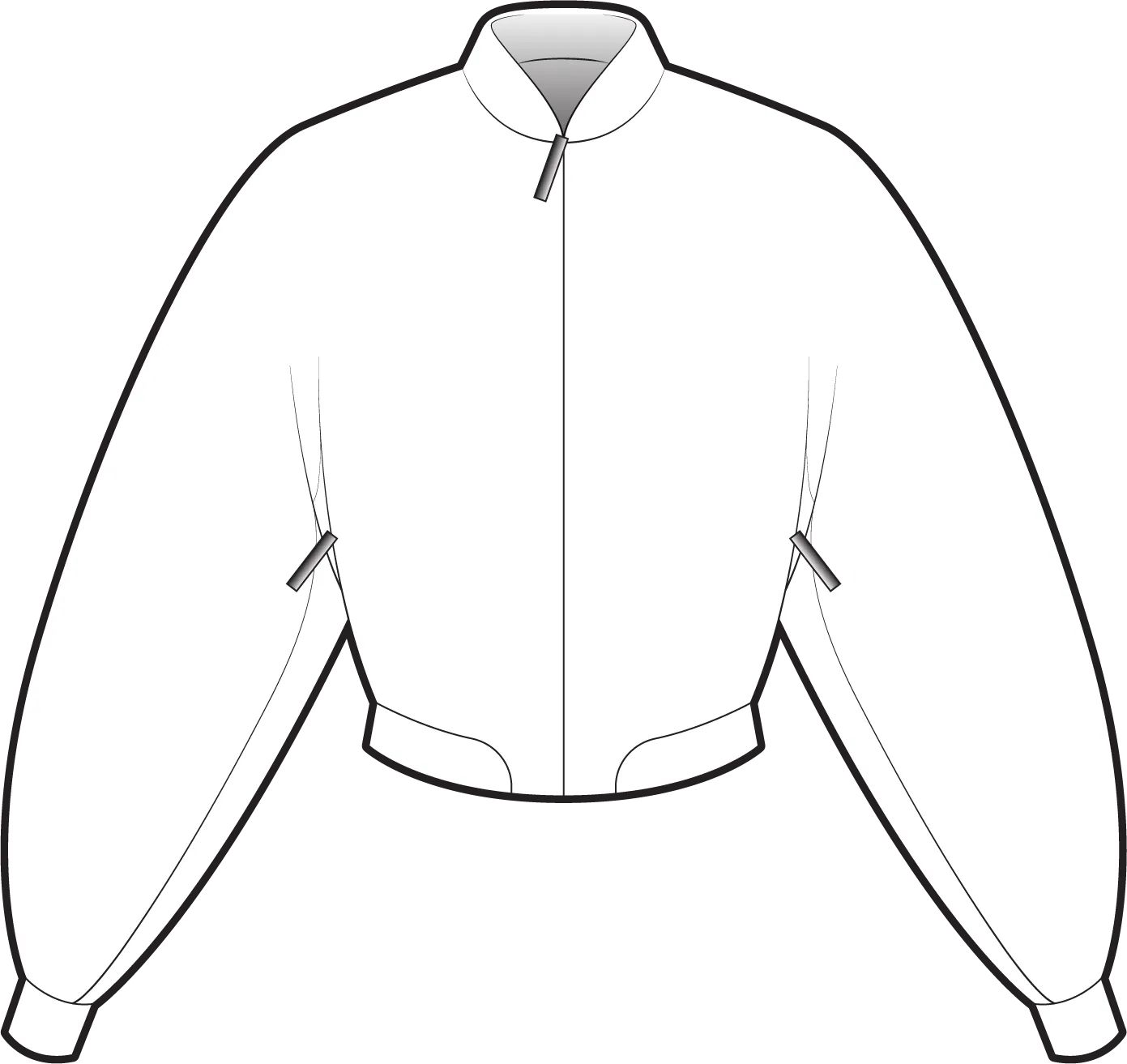 Front flat of a cropped bomber with wide batwing sleeves, a stand collar, a centre zip and zipped side pockets.