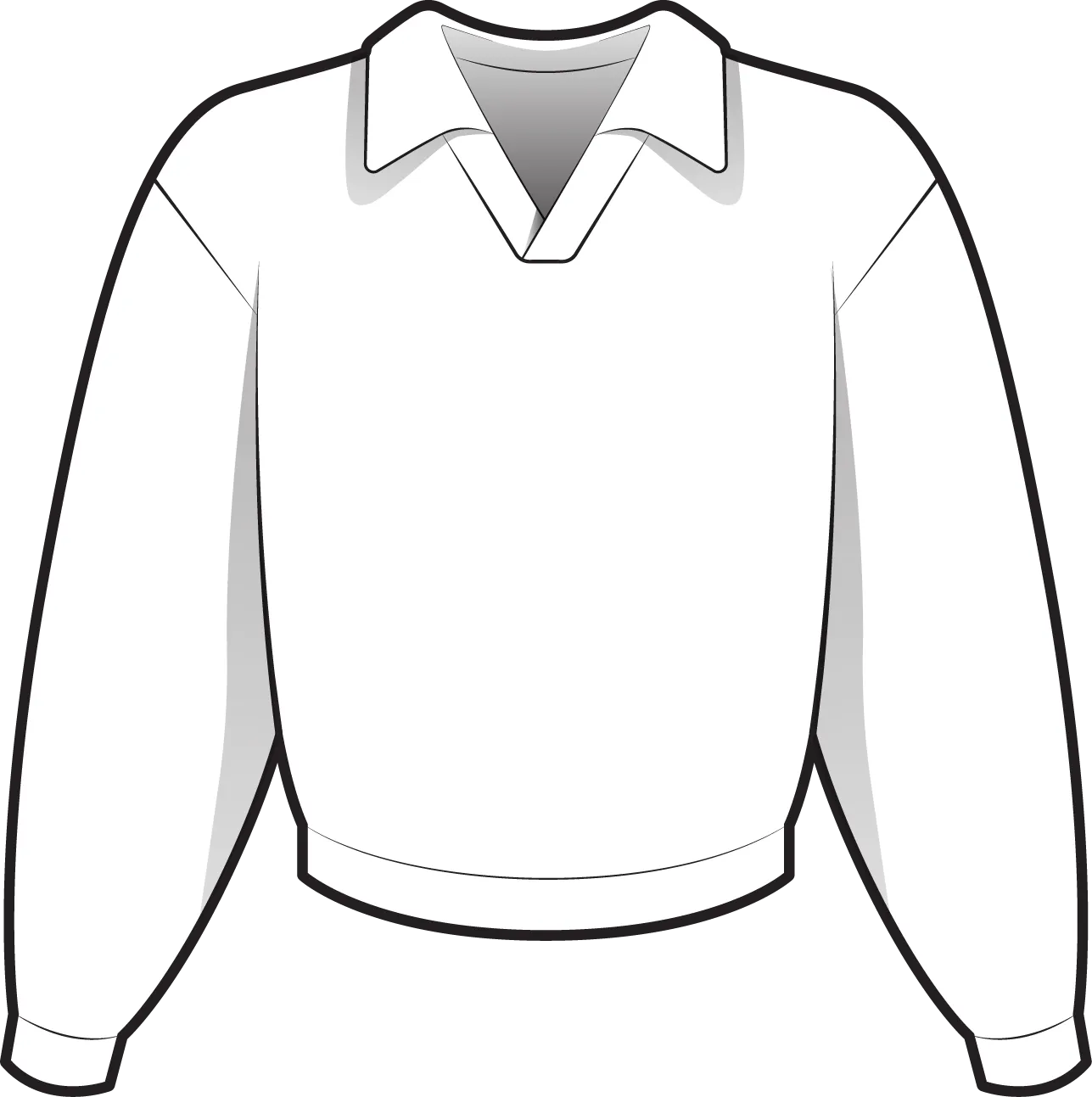 Front flat of a knit pullover with an open polo collar, dropped shoulders, ribbed cuffs and a ribbed hem.