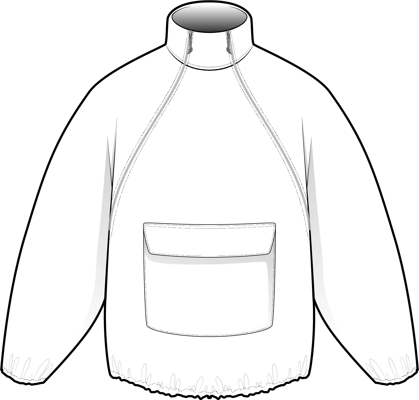 Front flat of a pullover anorak with a funnel neck, raglan seams, a flap chest pocket and elasticated cuffs and hem.