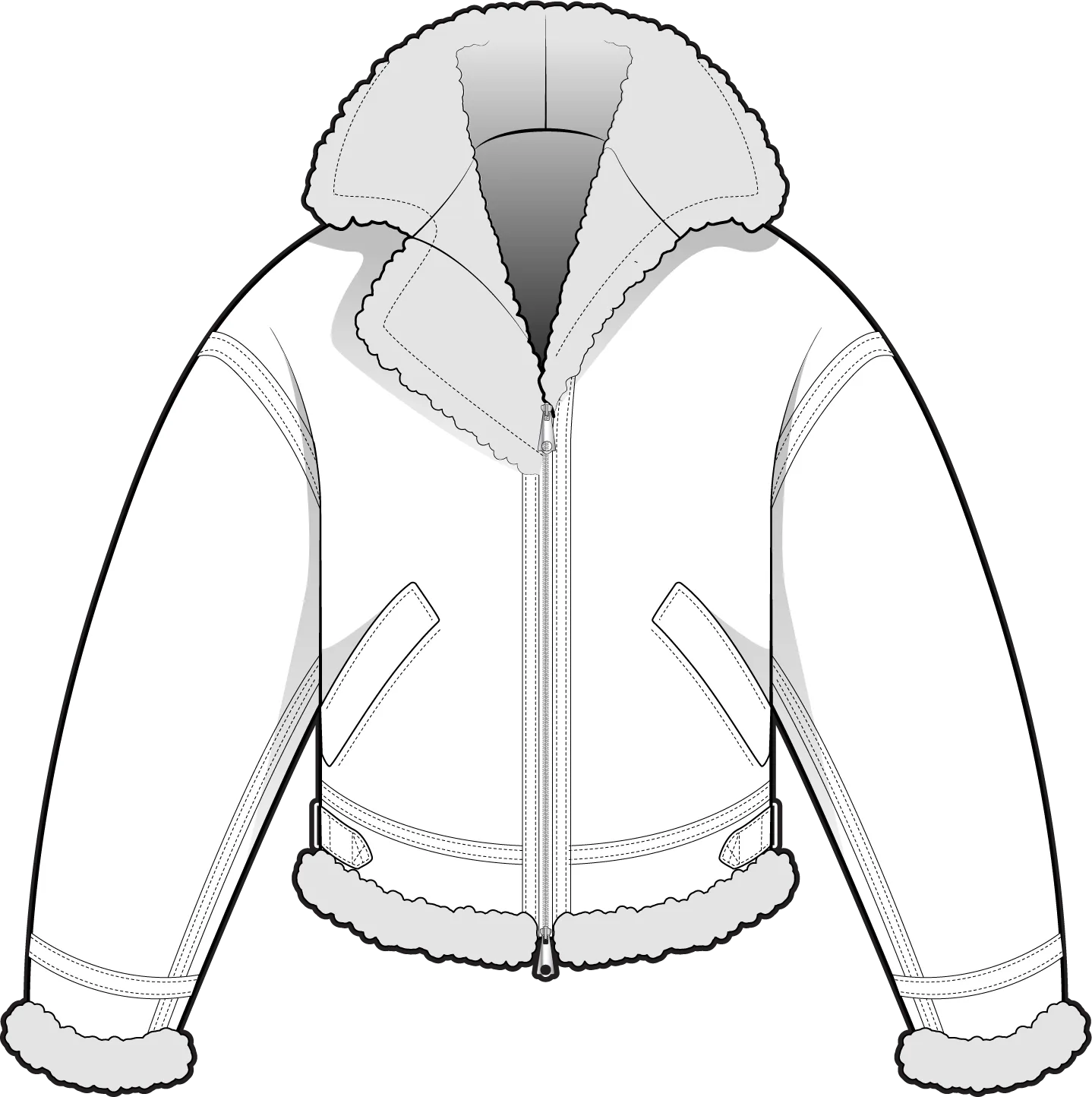 Front flat of a cropped aviator jacket with a shearling collar and cuffs, an off-centre zip, slanted pockets and side tabs at the hem.