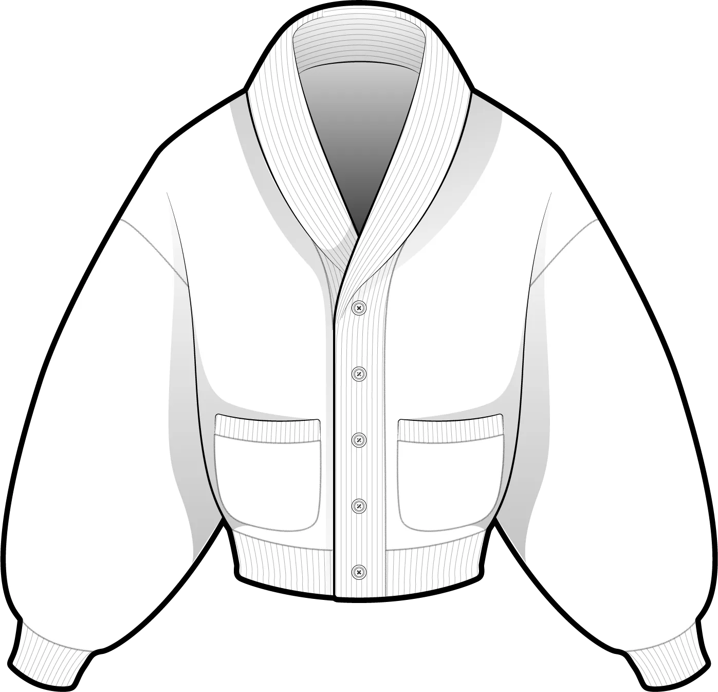 Front flat of a cropped button-up cardigan with a ribbed shawl collar, two patch pockets, balloon sleeves and a ribbed hem.