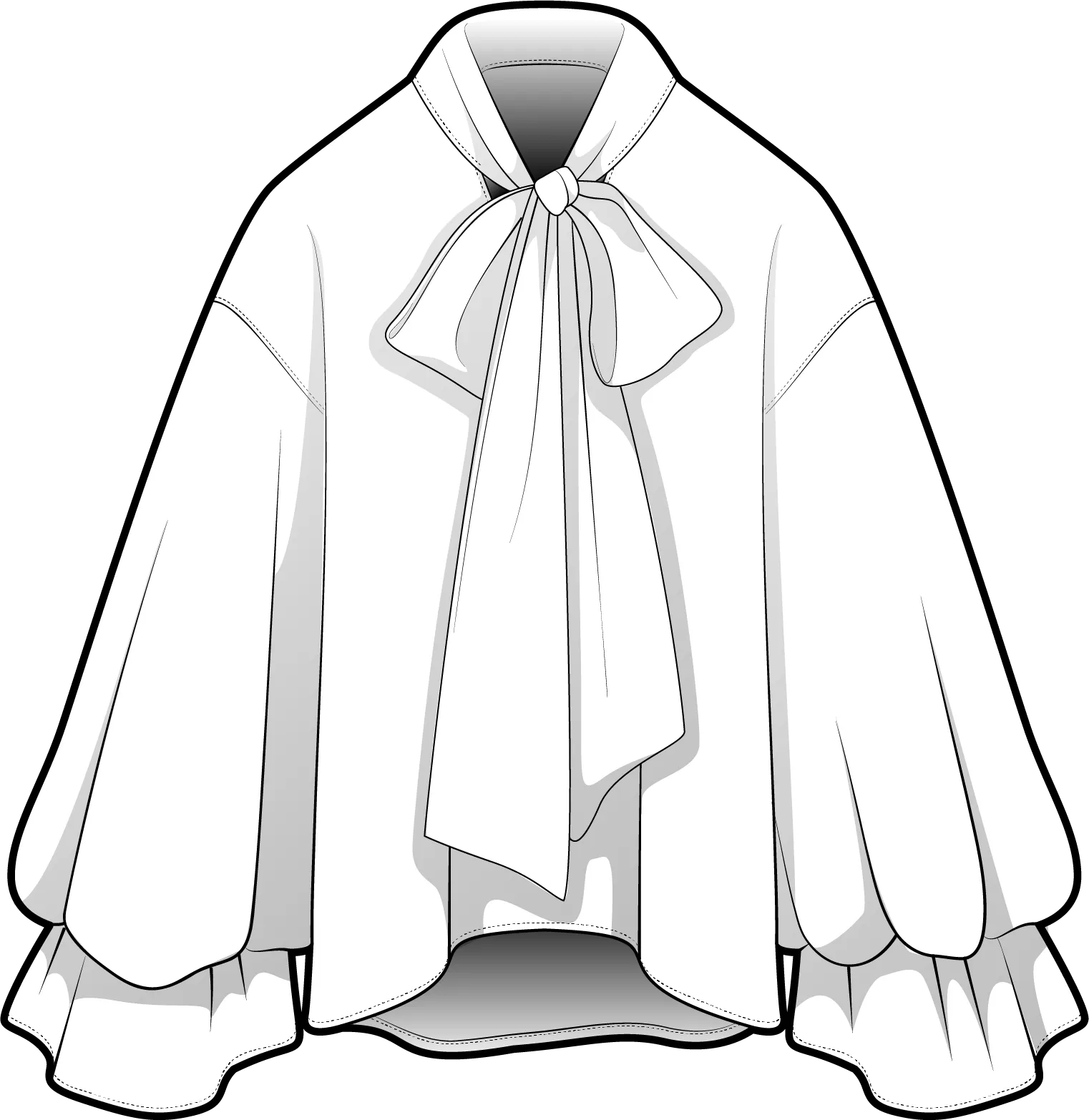 Front flat drawing of a loose blouse with a large bow tied at the neck and full sleeves ending in ruffled cuffs.