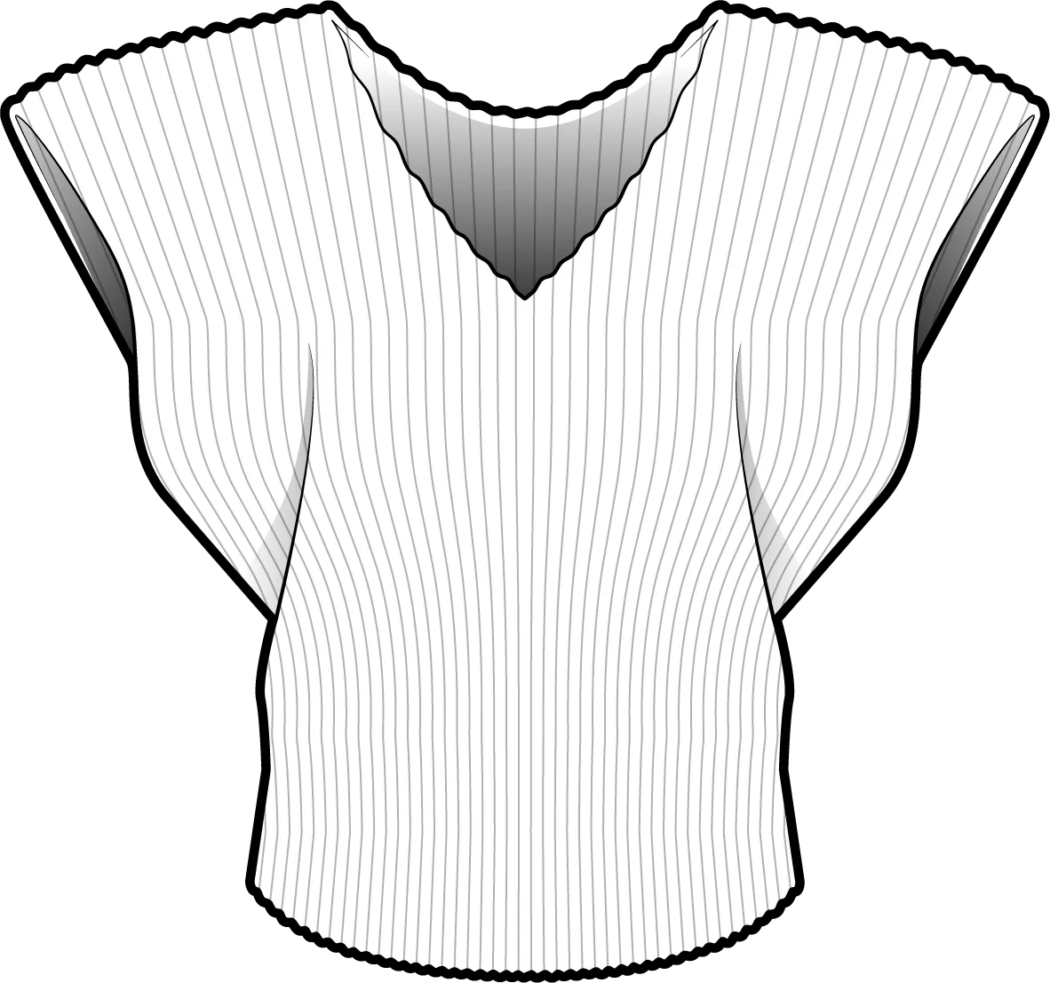 Front flat of a sleeveless rib-knit top with a deep V-neck, extended shoulders and wavy knitted edges.