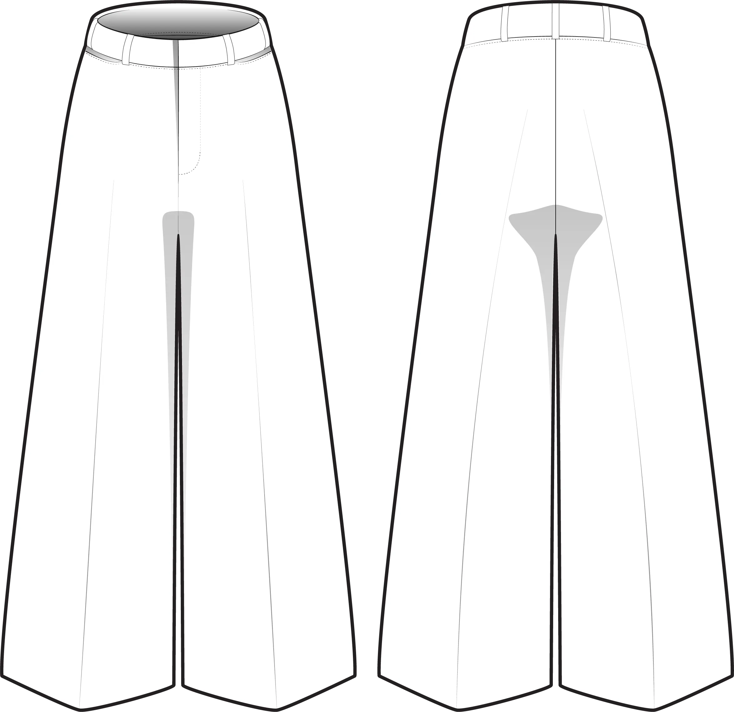 Flat drawing of high-waisted wide-leg trousers, front and back side by side, with waistband, belt loops and a fly front.