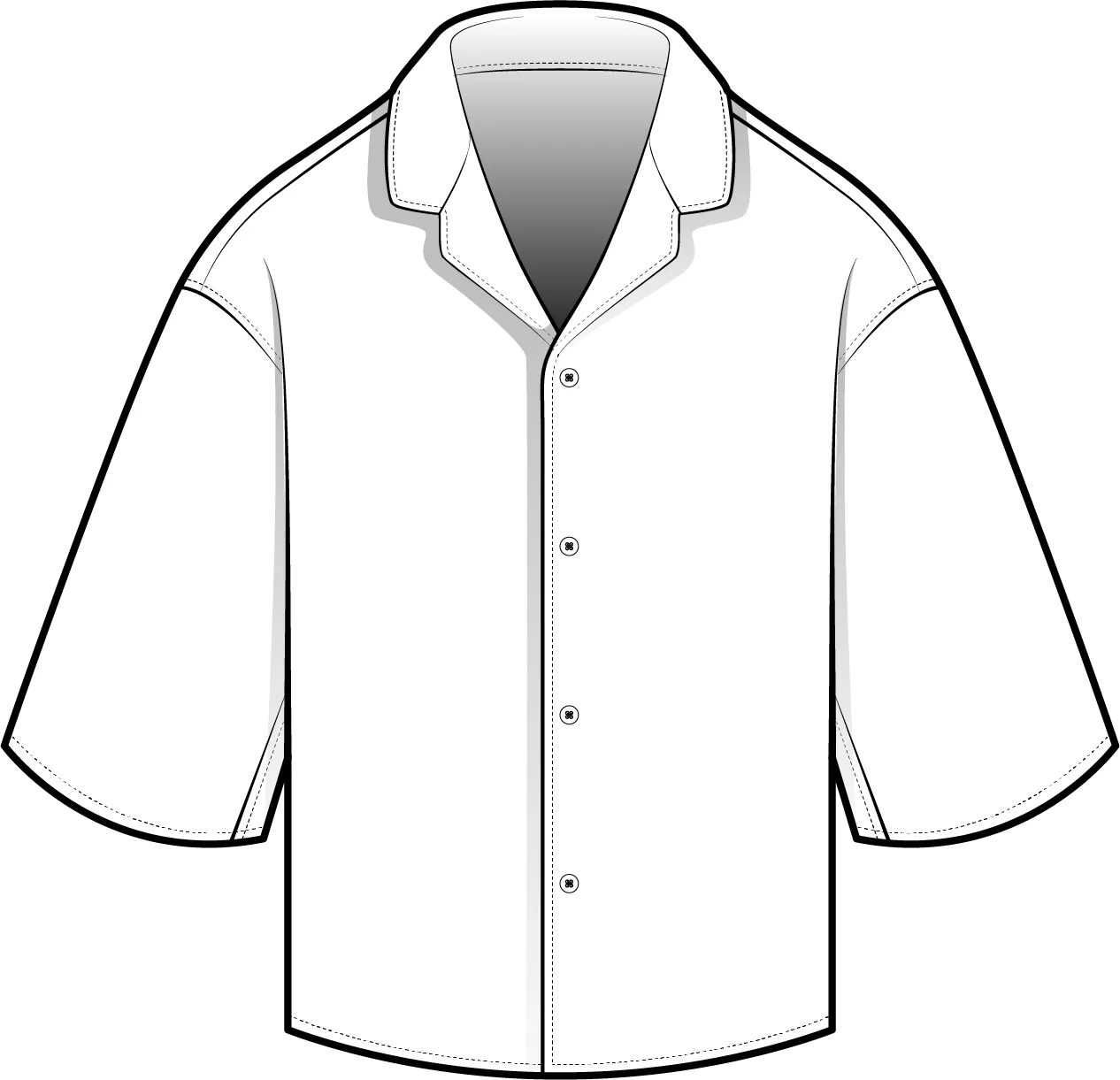 Front flat of a short-sleeve shirt with an open camp collar, a buttoned placket and a straight hem.