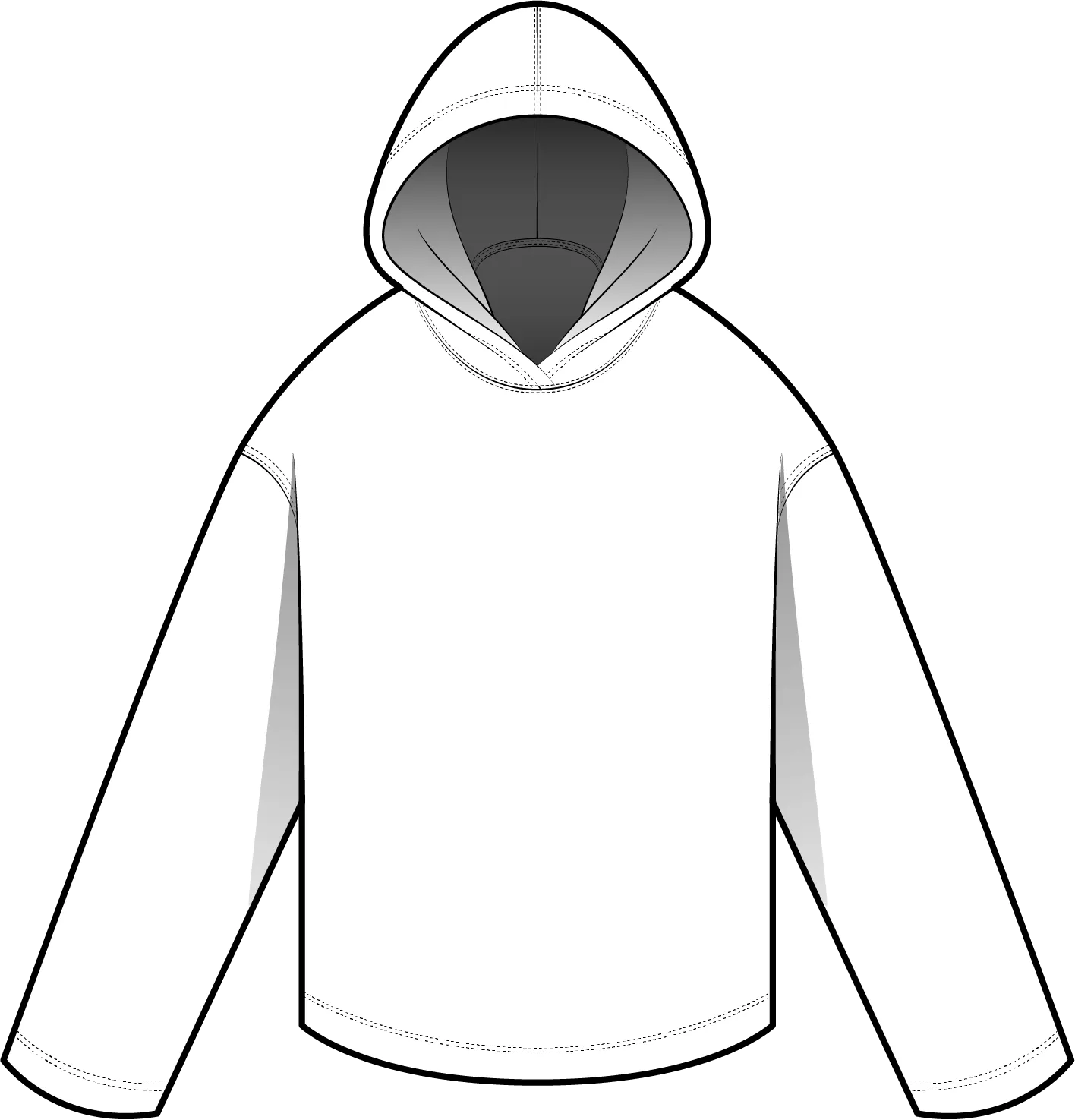 Technical flat of a relaxed pullover hoodie, front view, with dropped shoulders, a lined hood and a plain stitched hem, in black line on white.