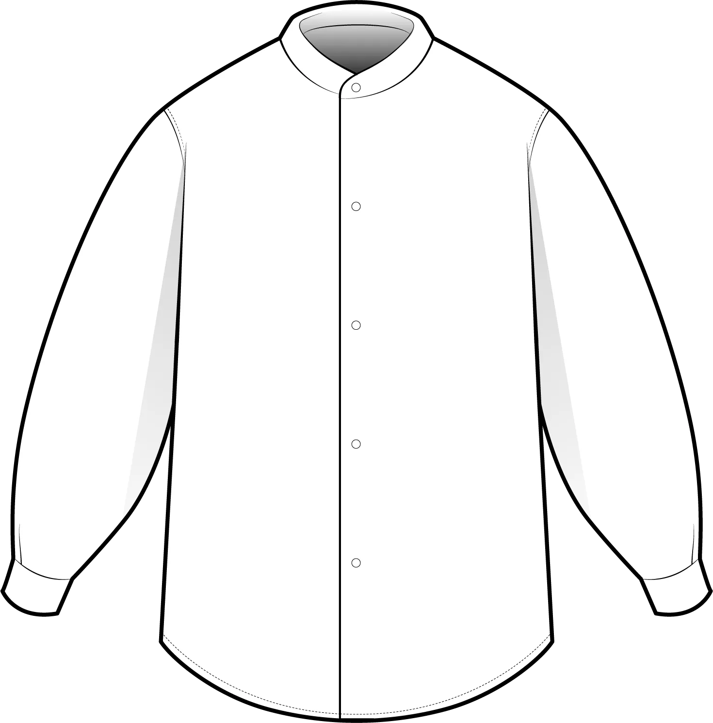 Front flat of a long-sleeve button-up shirt with a band collar, dropped shoulders, buttoned cuffs and a curved hem.